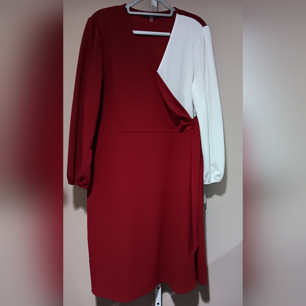 Kasper Two-Tone Red and White Long-Sleeve Wrap Dress